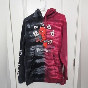 Broken Promises Half-and-Half Devil Graphic Hoodie — Black & Burgundy Medium